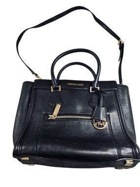 Michael Kors Black Leather Satchel Bag With Gold Hardware Top Handles